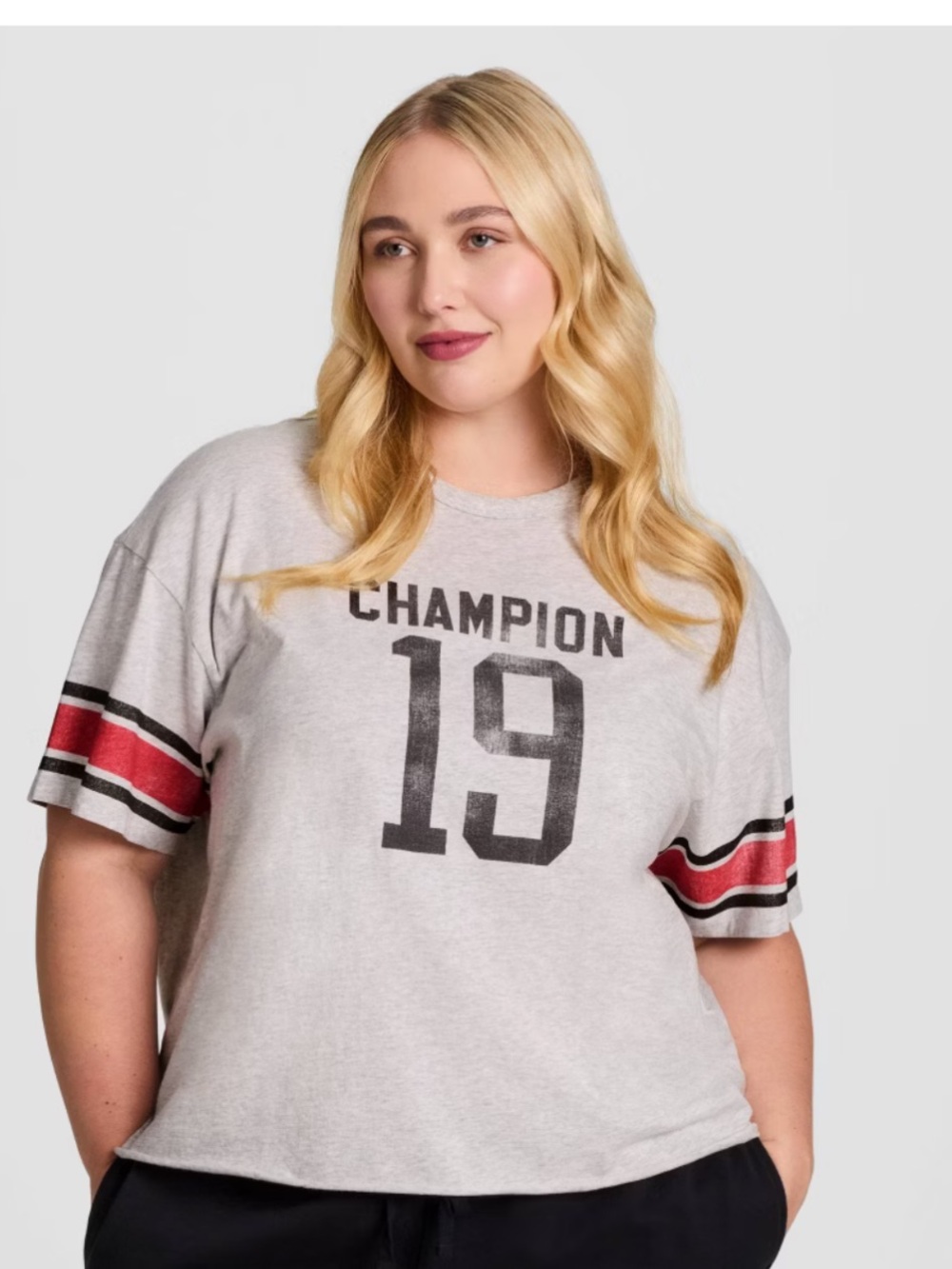 Champion Heather Gray Tee with Red and Black Sleeve Stripes